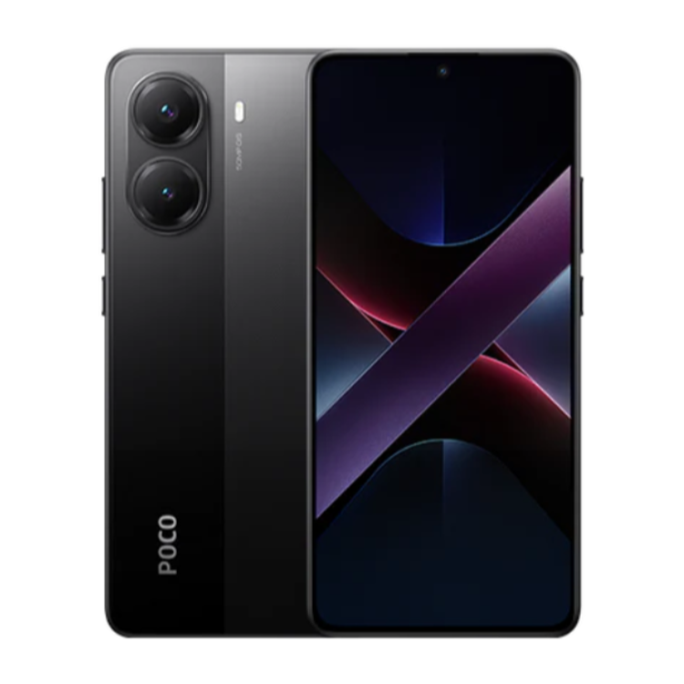 POCO x7 pro 5G pametni telefon s črnim ohišjem, dvojnima kamerama in velikim zaslonom
