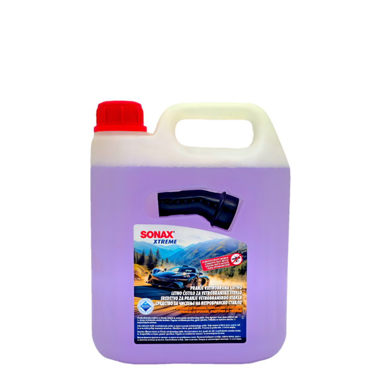 Posoda Sonax XTREME z vijolično poletno tekočino za čiščenje vetrobranskega stekla in polnilnim nastavkom.