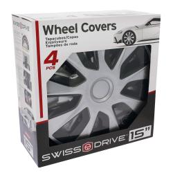 Škatla Swiss Drive “Wheel Covers 4 PCS” z oknom, skozi katerega je viden srebrno‑črn pokrov platišča 15"