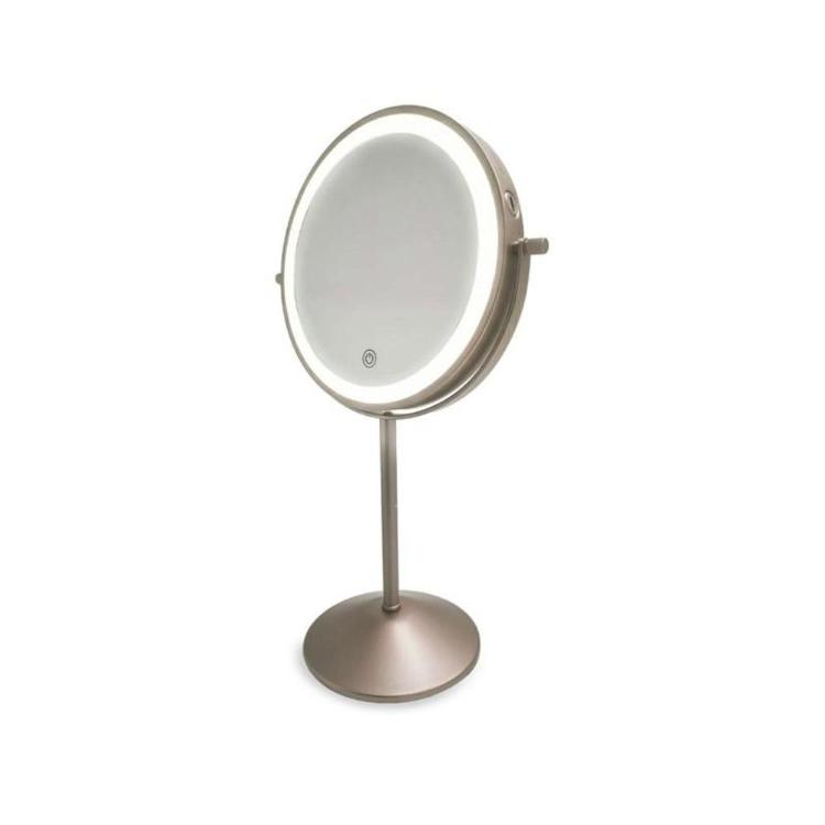 Kozmetično ogledalo Cecotec FaceCare Mirror Dual z osvetljenim okroglim zrcalom in kovinskim stojalom.