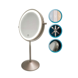 Kozmetično ogledalo Cecotec FaceCare Mirror Dual z LED obročem in prikazom nastavitev osvetlitve.