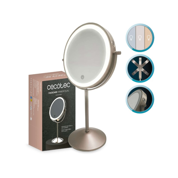 Kozmetično ogledalo Cecotec FaceCare Mirror Dual z LED osvetlitvijo, embalažo in prikazom funkcij.