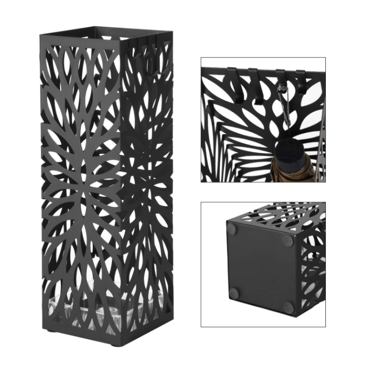 Detajli črnega stojala za dežnike z zračnimi izrezi in nedrsečimi podlogami na dnu.