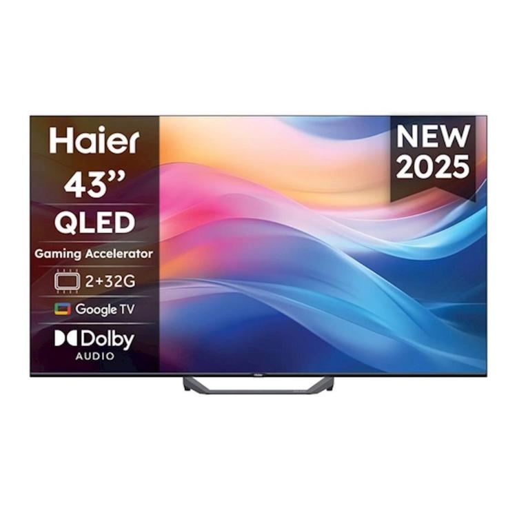 Sprednji pogled 43-palčnega Haier QLED TV z Google TV, Dolby Audio in barvitim predstavitvenim zaslonom.