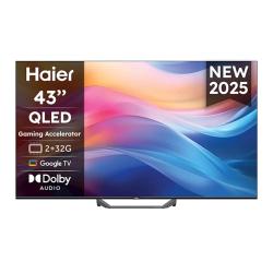 Sprednji pogled 43-palčnega Haier QLED TV z Google TV, Dolby Audio in barvitim predstavitvenim zaslonom.