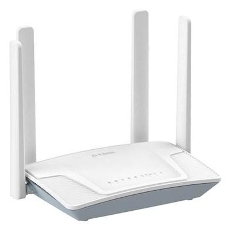 D‑Link 4G LTE pametni usmerjevalnik G403CE v belem ohišju s štirimi zunanjimi antenami, prikazan pod kotom.