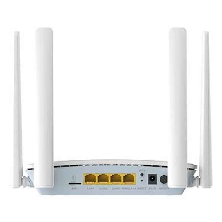 Zadnja stran D‑Link 4G LTE pametnega usmerjevalnika G403CE s štirimi antenami, režo za SIM kartico in Ethernet priključki.