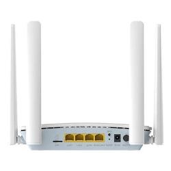 Zadnja stran D‑Link 4G LTE pametnega usmerjevalnika G403CE s štirimi antenami, režo za SIM kartico in Ethernet priključki.
