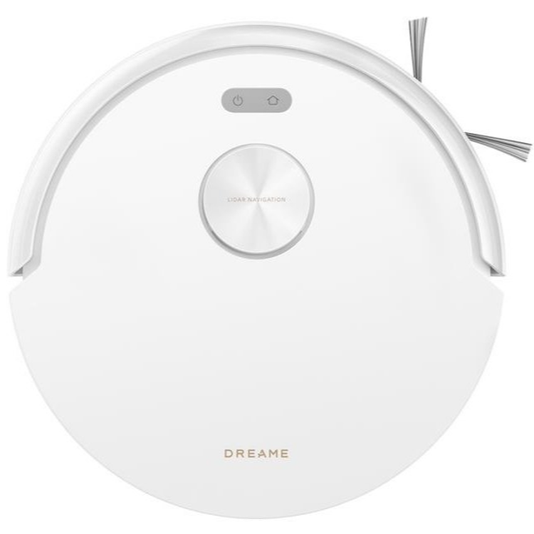 Bel robotski sesalnik Dreame z LiDAR navigacijo, prikazan od zgoraj z minimalističnim dizajnom.