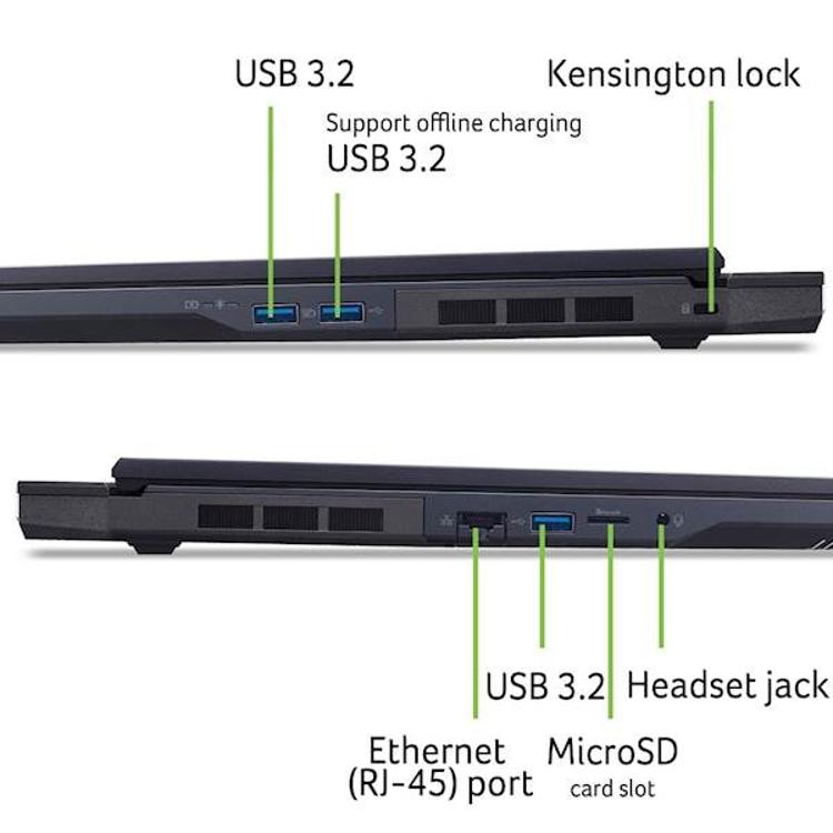 Acer PHN18-72-90M6: levi in desni bok z USB 3.2, RJ-45, MicroSD, avdio priključkom in Kensington režo.
