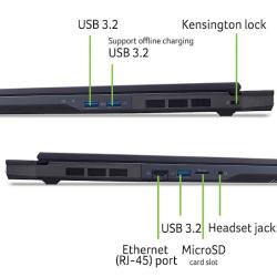 Acer PHN18-72-90M6: levi in desni bok z USB 3.2, RJ-45, MicroSD, avdio priključkom in Kensington režo.