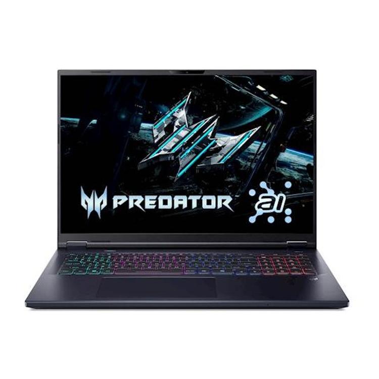 Acer PHN18-72-90M6: odprt prenosnik, zaslon Predator AI, RGB tipkovnica, pogled od spredaj.