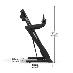 Zložena tekalna steza NordicTrack T Series 7 z označenimi merami 86 × 87 × 162 cm za shranjevanje.
