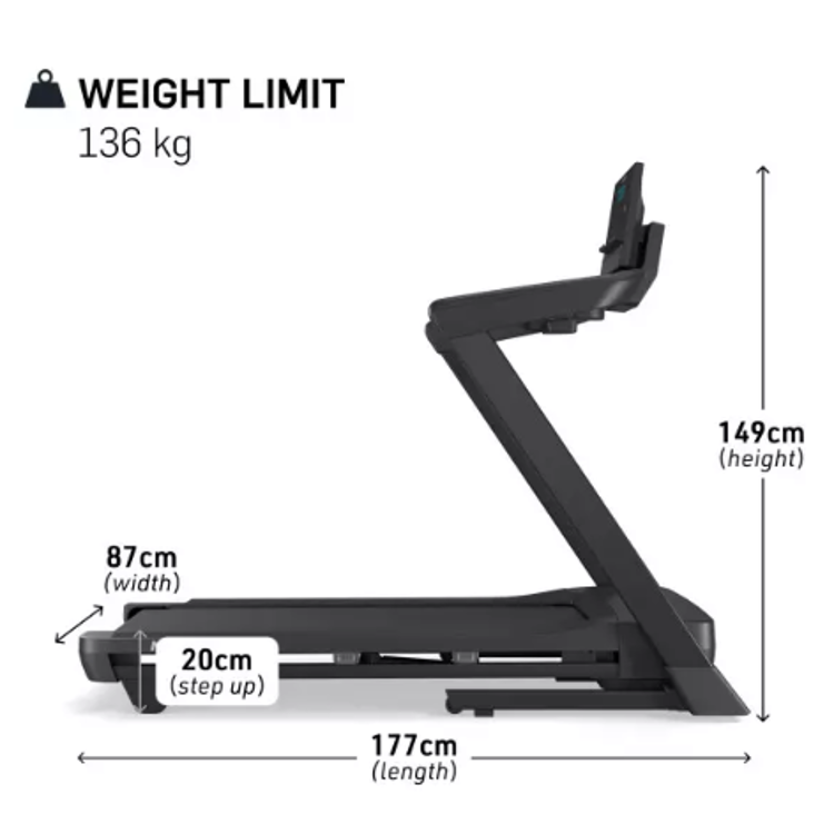 Stranski pogled na tekalno stezo NordicTrack T Series 7 z označenimi merami 177 × 87 × 149 cm in nosilnostjo 136 kg.