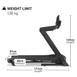 Stranski pogled na tekalno stezo NordicTrack T Series 7 z označenimi merami 177 × 87 × 149 cm in nosilnostjo 136 kg.