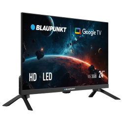 Blaupunkt 24″ HD LED televizor z Google TV, črn okvir, astronomsko ozadje na zaslonu, model WGC5500.