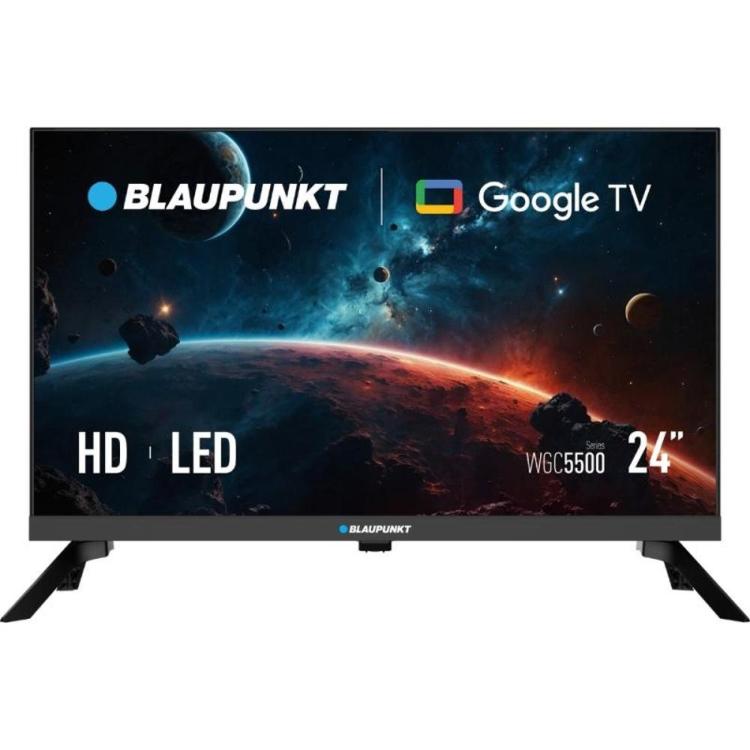 Blaupunkt 24″ HD LED televizor Google TV, čelni pogled z ozkimi robovi, podnožji ob straneh, model WGC5500.