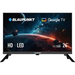 Blaupunkt 24″ HD LED televizor Google TV, čelni pogled z ozkimi robovi, podnožji ob straneh, model WGC5500.