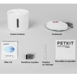 PETKIT Eversweet Solo 2 pametna vodna fontana v beli barvi, prikazana z vsebino kompleta, vključno s filtrom, brezžično črpalko, podstavkom in krtačko za čiščenje.
