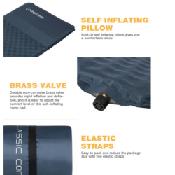 Detajli samonapihljive spalne podloge KingCamp, medeninasti ventil, elastični trakovi in integrirana blazina.