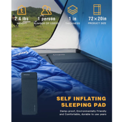 Samonapihljiva spalna podloga KingCamp v šotoru, podatki o teži, debelini in dimenzijah izdelka.