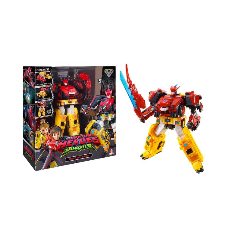 Transformirajoči robot Raptor Tron Quantum Heroes Dinoster z dvema mečema, v embalaži, primeren za otroke 5+.