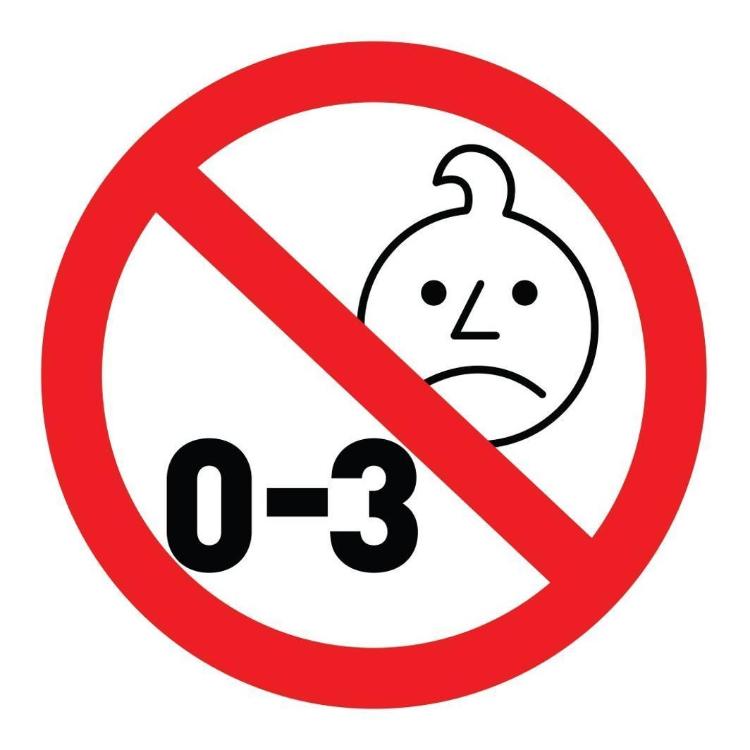 Opozorilni simbol prepovedi za otroke od 0 do 3 let zaradi majhnih delov.
