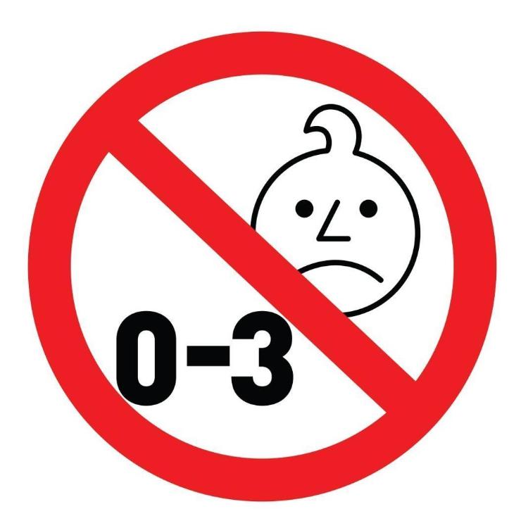 Opozorilni znak "0–3", ki označuje, da izdelek ni primeren za otroke, mlajše od 3 let.