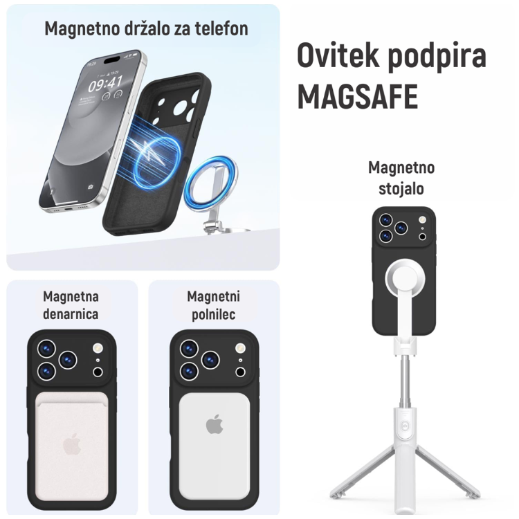 Ovitek N‑Soft Magnetic za iPhone 17 Pro Max s podporo MagSafe, združljiv z magnetnimi polnilniki, denarnicami in stojali.