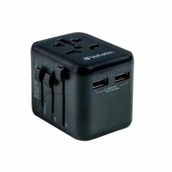 Verbatim adapter: univerzalni potovalni adapter z 2× USB‑A izhodoma, stranskimi drsniki za EU/UK/USA/AUS vtikače.