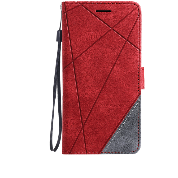 Rdeča preklopna torbica za Honor 600 Pro z geometrijskim vzorcem, magnetnim zapiranjem in snemljivo zapestno vrvico nudi celovito zaščito ter eleganten videz.