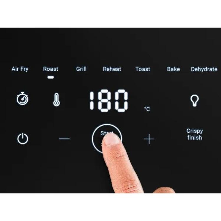 Tefal Easy Fry infrardeči cvrtnik z zaslonom na dotik, kjer uporabnik pritisne gumb Start/Stop in nastavi temperaturo 180 °C
