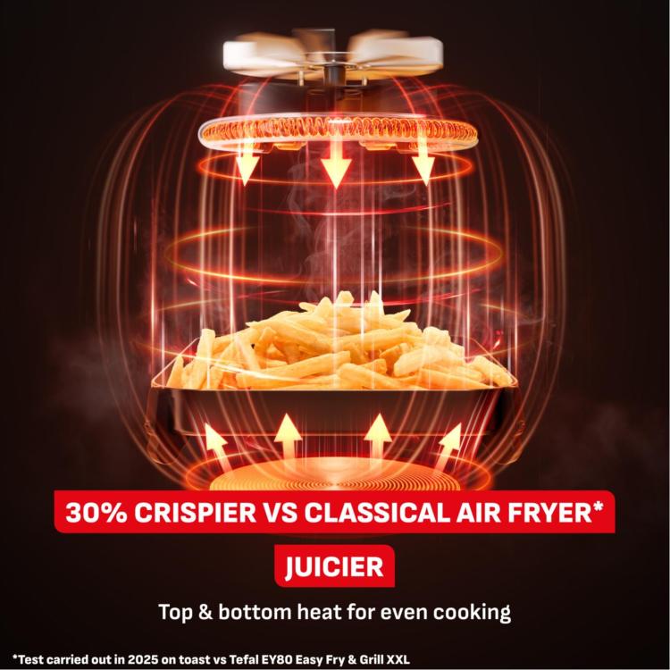 Grafični prikaz delovanja Tefal air fryerja z zgornjim in spodnjim gretjem ter kroženjem vročega zraka za enakomerno in hrustljavo pečenje