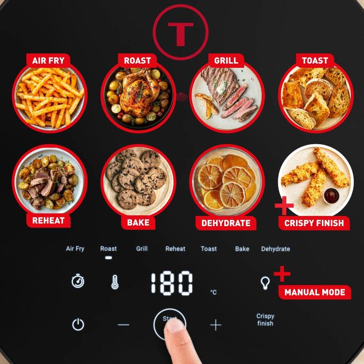 Tefal Easy Fry infrardeči cvrtnik z različnimi programi (Air Fry, Roast, Grill, Toast, Reheat, Bake, Dehydrate) in prikazom jedi