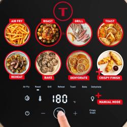 Tefal Easy Fry infrardeči cvrtnik z različnimi programi (Air Fry, Roast, Grill, Toast, Reheat, Bake, Dehydrate) in prikazom jedi