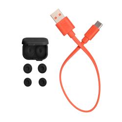 JBL dodatki: odprta mini škatlica, 4 silikonski čepki in oranžen USB‑C kabel.