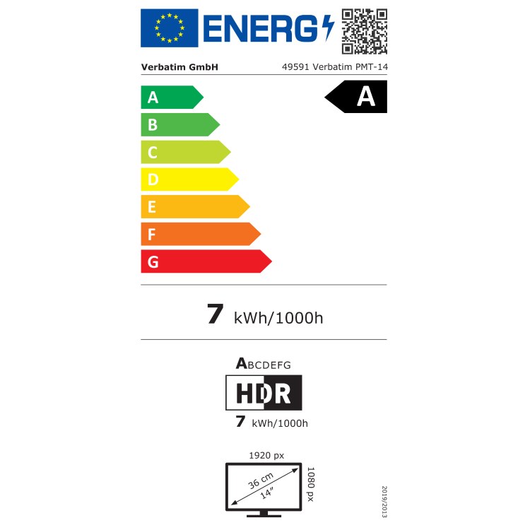 EU energijska nalepka monitorja Verbatim PMT‑14, razred A, poraba 7 kWh/1000h, ločljivost 1920×1080, 14".