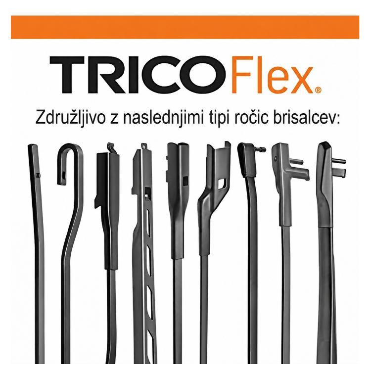 Prikaz združljivosti brisalca Trico Flex z različnimi tipi ročic brisalcev.