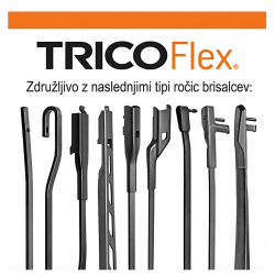 Prikaz združljivosti brisalca Trico Flex z različnimi tipi ročic brisalcev.