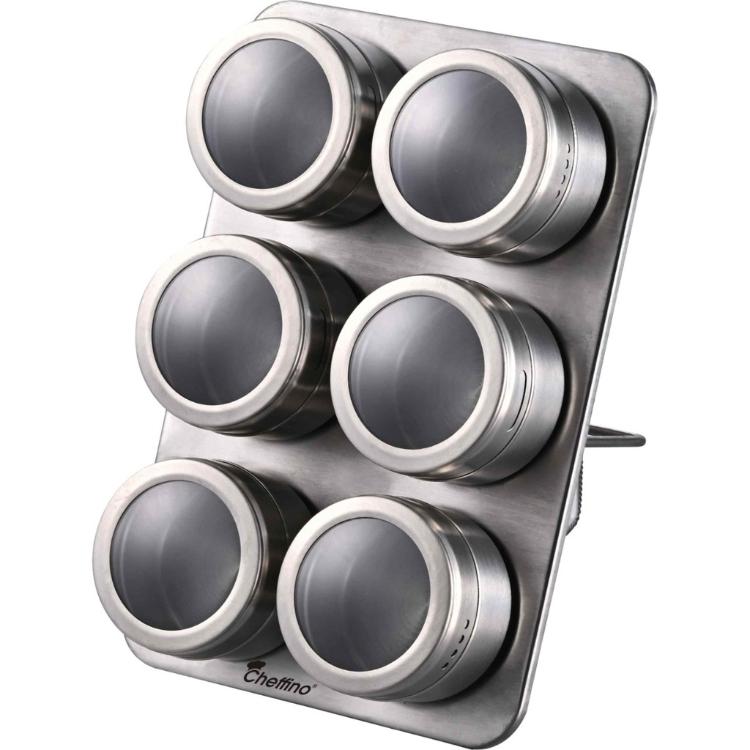Cheffino set za začimbe Parma iz nerjavečega jekla, šest magnetnih posodic na kovinskem stojalu.
