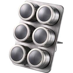 Cheffino set za začimbe Parma iz nerjavečega jekla, šest magnetnih posodic na kovinskem stojalu.