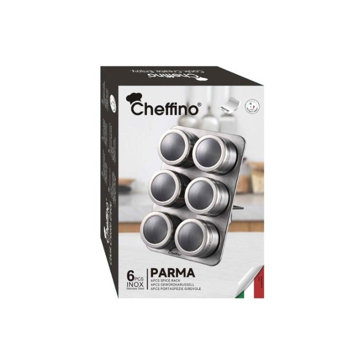 Embalaža Cheffino seta za začimbe Parma, 6‑delni komplet z magnetnimi posodicami iz nerjavečega jekla.