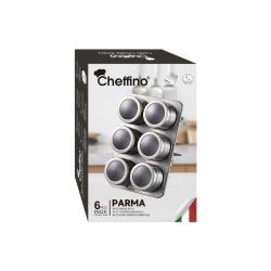 Embalaža Cheffino seta za začimbe Parma, 6‑delni komplet z magnetnimi posodicami iz nerjavečega jekla.