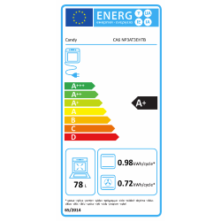 Energijska nalepka za vgradno pečico Candy CA6 NP3AT3EHTB z energijskim razredom A+, prostornino 78 L ter porabo 0,98 kWh (klasično pečenje) in 0,72 kWh (ventilatorsko pečenje) na cikel