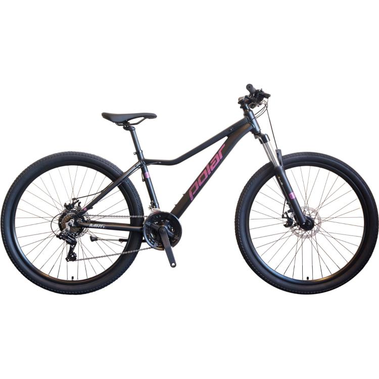 Polar Mirage Sport Lady L: črno gorsko kolo z aluminijastim okvirjem, sprednjim vzmetenjem in disk zavorami, velikost L