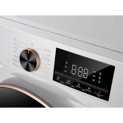 Upravljalna plošča pralno‑sušilnega stroja TCL CP1012WA0 z vrtljivim programskim gumbom, LED zaslonom in tipkami za nastavitev temperature, ožemanja ter sušenja