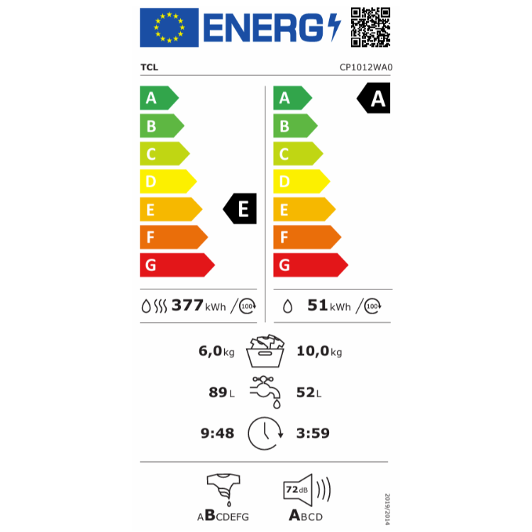 Energijska nalepka za TCL CP1012WA0 z energijskim razredom A za pranje in E za pranje s sušenjem, porabo 51 kWh oziroma 377 kWh na 100 ciklov, zmogljivostjo 10 kg pranja in 6 kg sušenja ter glasnostjo 72 dB