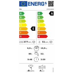 Energijska nalepka za TCL CP1012WA0 z energijskim razredom A za pranje in E za pranje s sušenjem, porabo 51 kWh oziroma 377 kWh na 100 ciklov, zmogljivostjo 10 kg pranja in 6 kg sušenja ter glasnostjo 72 dB