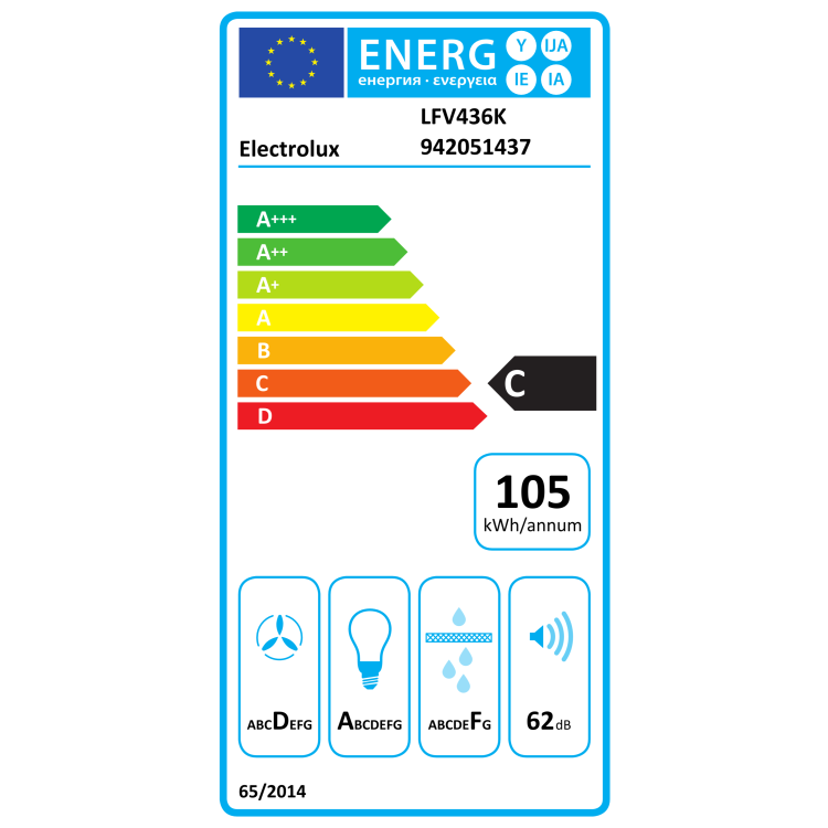 Energijska nalepka za kuhinjsko napo Electrolux LFV436K z energijskim razredom C, letno porabo 105 kWh, razredom učinkovitosti ventilatorja D, osvetlitve A, filtracije maščob F ter glasnostjo 62 dB.