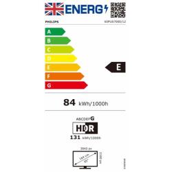 Philips energijska nalepka na beli podlagi z lestvico A-G, označen razred E, poraba 84 kWh/1000 h, HDR 131 kWh.